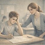 Teacher placing a reassuring hand on the shoulder of a stressed student struggling with a written assignment in a busy classroom.