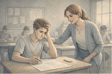 Teacher placing a reassuring hand on the shoulder of a stressed student struggling with a written assignment in a busy classroom.