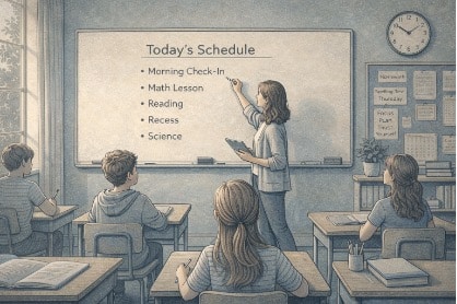 A teacher writing the day's schedule on a whiteboard while students settle into their seats, illustrating how structured routines create a predictable and calming classroom environment.