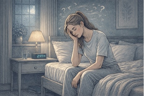 Teen girl sitting on her bed at 2:47 AM, head in hand with question marks swirling overhead, depicting insomnia as a depression warning sign.