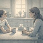 A teen sitting across from a parent at a kitchen table, looking nervous but engaged in a calm, open conversation about emotional struggles.