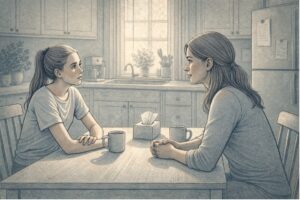 A teen sitting across from a parent at a kitchen table, looking nervous but engaged in a calm, open conversation about emotional struggles.