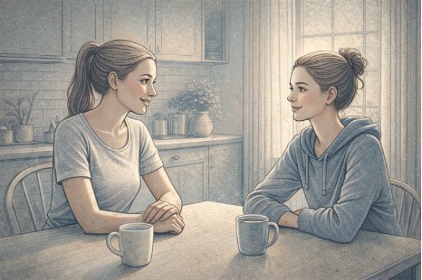 A parent and teenager sitting together at a kitchen table, engaged in a calm, attentive conversation, the teen visibly relaxed and making eye contact
