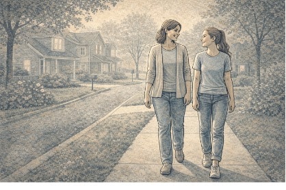 Parent and teen walking outdoors together, showing a low-pressure way to help a teen who feels left out.