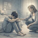 A frustrated teenager sitting alone on a bedroom floor with their head down, while a concerned parent kneels nearby offering calm, reassuring support.
