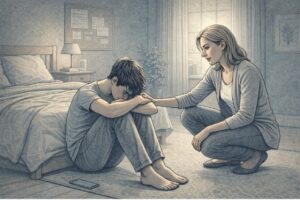 A frustrated teenager sitting alone on a bedroom floor with their head down, while a concerned parent kneels nearby offering calm, reassuring support.