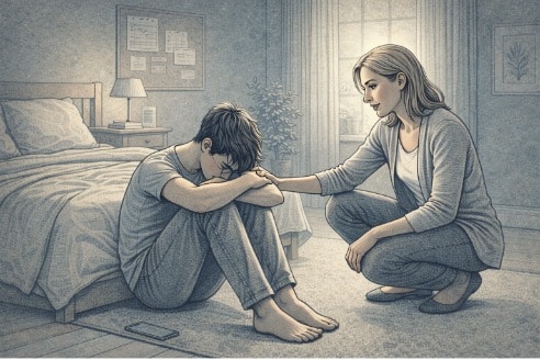 A frustrated teenager sitting alone on a bedroom floor with their head down, while a concerned parent kneels nearby offering calm, reassuring support.