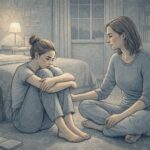 Teen sitting on a bedroom floor with knees drawn up, looking anxious while a parent sits nearby offering quiet support.