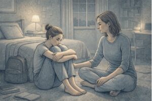 Teen sitting on a bedroom floor with knees drawn up, looking anxious while a parent sits nearby offering quiet support.