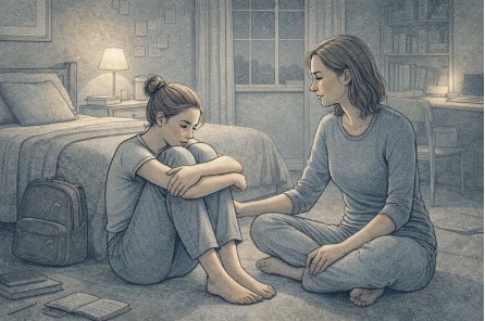 Teen sitting on a bedroom floor with knees drawn up, looking anxious while a parent sits nearby offering quiet support.