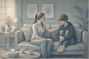 A parent sitting beside a teenager on a couch, speaking calmly and attentively in a quiet home setting, representing a supportive conversation about mental health.