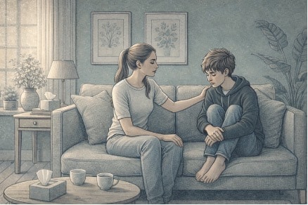 A parent sitting beside a teenager on a couch, speaking calmly and attentively in a quiet home setting, representing a supportive conversation about mental health.