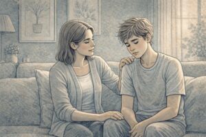 Parent sitting beside their teenager on a living room couch, gently placing a hand on the teen's shoulder during a quiet, supportive conversation.