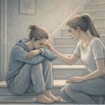 Worried parent kneeling beside a withdrawn teenager on a staircase showing warning signs of teen abuse