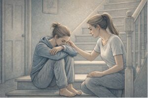 Worried parent kneeling beside a withdrawn teenager on a staircase showing warning signs of teen abuse