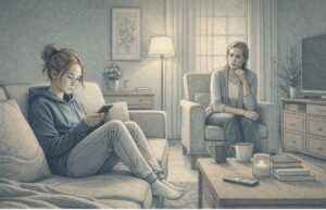 Teen sitting on a couch scrolling through their phone while a concerned parent watches from across the living room wondering how to help teen phone addiction