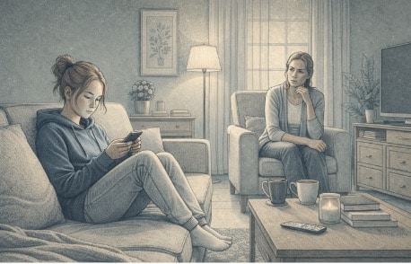 Teen sitting on a couch scrolling through their phone while a concerned parent watches from across the living room.