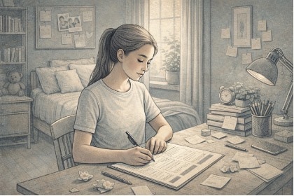 Teenage girl filling out a guided journaling worksheet at her bedroom desk, actively practicing daily emotional regulation as part of her routine.