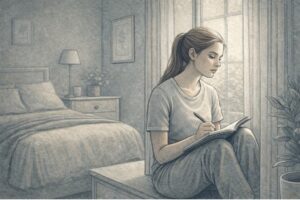 Teenage girl sitting quietly by a window with a journal and pen, pausing to process overwhelming emotions in a calm bedroom setting, using emotional regulation activities for teens