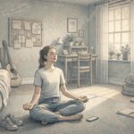 Teen sitting cross-legged on a bedroom floor with eyes closed, practicing calm breathing as soft natural light fills the room, using mindfulness activities for depression