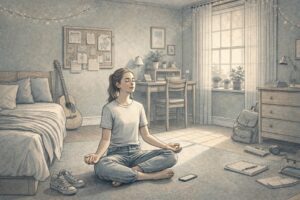 Teen sitting cross-legged on a bedroom floor with eyes closed, practicing calm breathing as soft natural light fills the room.