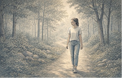 Teen walking slowly along a peaceful outdoor trail surrounded by trees, practicing mindful movement with a calm and focused expression.