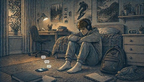 Teenage boy sitting alone on his bedroom floor with headphones on, ignoring text messages from friends as a sign of social withdrawal as a result of unresolved emotional trauma.