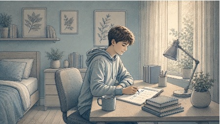 Teenage boy at a tidy desk crossing off a small task on a checklist, smiling with quiet relief as he makes steady progress on homework.