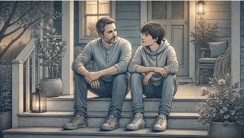 Father and teenage son talking side by side on the porch steps