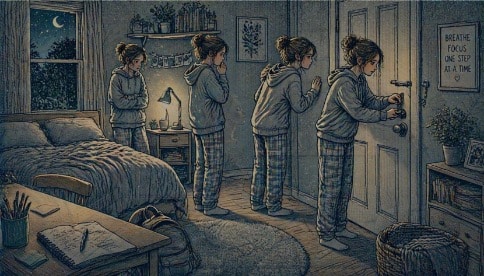 Teen girl repeatedly checking a locked door at night, showing the visible compulsive behaviors that often signal OCD in adolescents.