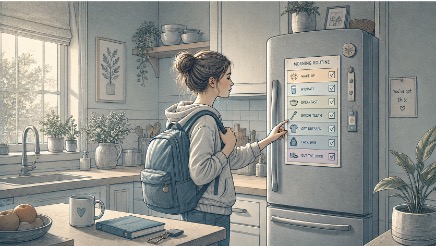 Teen with ADHD checking a color-coded morning routine checklist posted on the kitchen fridge before heading to school.