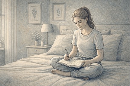 Teen girl sitting cross-legged on her bed writing thoughtfully in a journal with guided prompts, using reflection to build self-awareness.