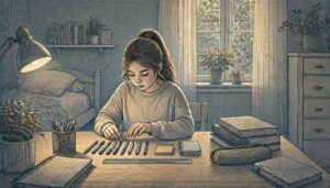 Teen girl sitting quietly at a desk, showing early signs of OCD in adolescents that parents can learn to recognize.
