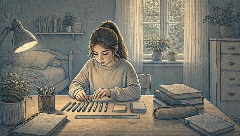 Teen girl sitting quietly at a desk, showing early signs of OCD in adolescents that parents can learn to recognize.