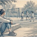 Teen feeling left out of a school playground group, illustrating the social challenges many ADHD students face with peer connection.