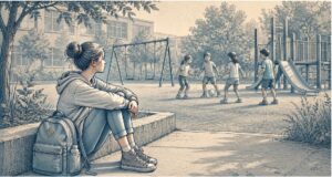 Teen feeling left out of a school playground group, illustrating the social challenges many ADHD students face with peer connection.