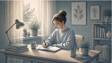 Teenage girl writing in a personal journal at a sunlit desk, working through feelings of loss through quiet reflection.