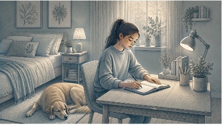 Teenage girl writing in a journal at her bedroom desk with a calm dog resting nearby, practicing a low-pressure coping activity that helps ease symptoms of depression.