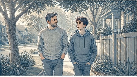 Father and teenage son talking calmly on a walk through a tree-lined neighborhood, modeling a low-pressure setting that helps teens open up about depression.