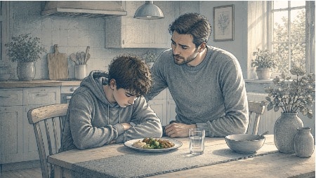 Withdrawn teenage boy sitting at the kitchen table with his head down, refusing to eat dinner while a parent gently checks in on him.