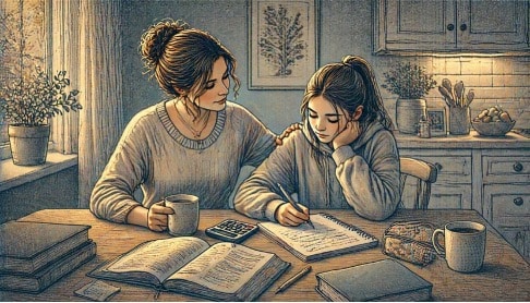 Mother sitting beside her teenage daughter at a kitchen table, gently encouraging her as she works through homework and emotions together as part of early intervention for teen trauma symptoms.