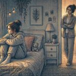 Teenage girl sitting alone by a bedroom window with a worried expression while a concerned parent watches from the doorway.