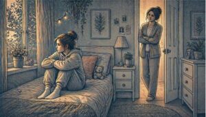 Teenage girl sitting alone by a bedroom window with a worried expression while a concerned parent watches from the doorway.