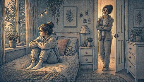 Teenage girl sitting alone by a bedroom window with a worried expression while a concerned parent watches from the doorway.
