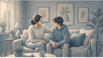 Parent and teenager having a calm, open conversation on the couch, showing how supportive communication helps families catch early warning signs.
