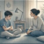 Frustrated teenage boy on bedroom floor with a concerned parent listening nearby.