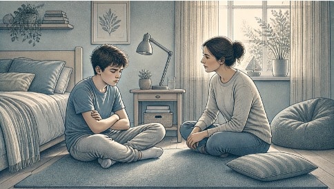 Frustrated teenage boy on bedroom floor with a concerned parent listening nearby.
