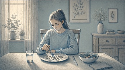 Teen cutting food into small pieces and rearranging it on her plate, illustrating one of the earliest behavioral warning signs of disordered eating.