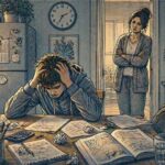 Frustrated teenage boy slumped over scattered homework at a kitchen table while a concerned parent watches from the doorway, capturing the daily struggle of undiagnosed ADHD at home.