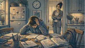 Frustrated teenage boy slumped over scattered homework at a kitchen table while a concerned parent watches from the doorway, capturing the daily struggle of undiagnosed ADHD at home.